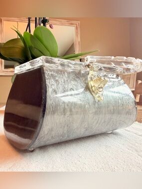 1950s Original Rialto NY Gray Marble Lucite Barrel Purse w/ Carved Clear handle